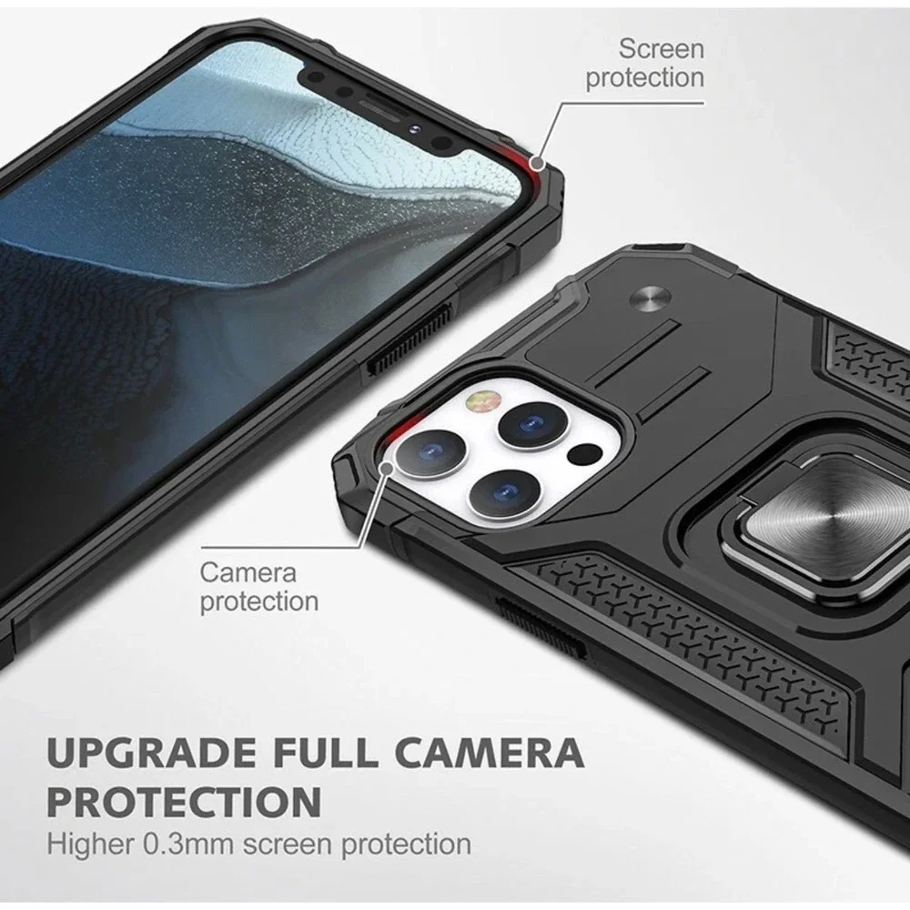 New Rugged iPhone 13 Pro Max Case Heavy Duty Armor Cover with Ring Stand Black